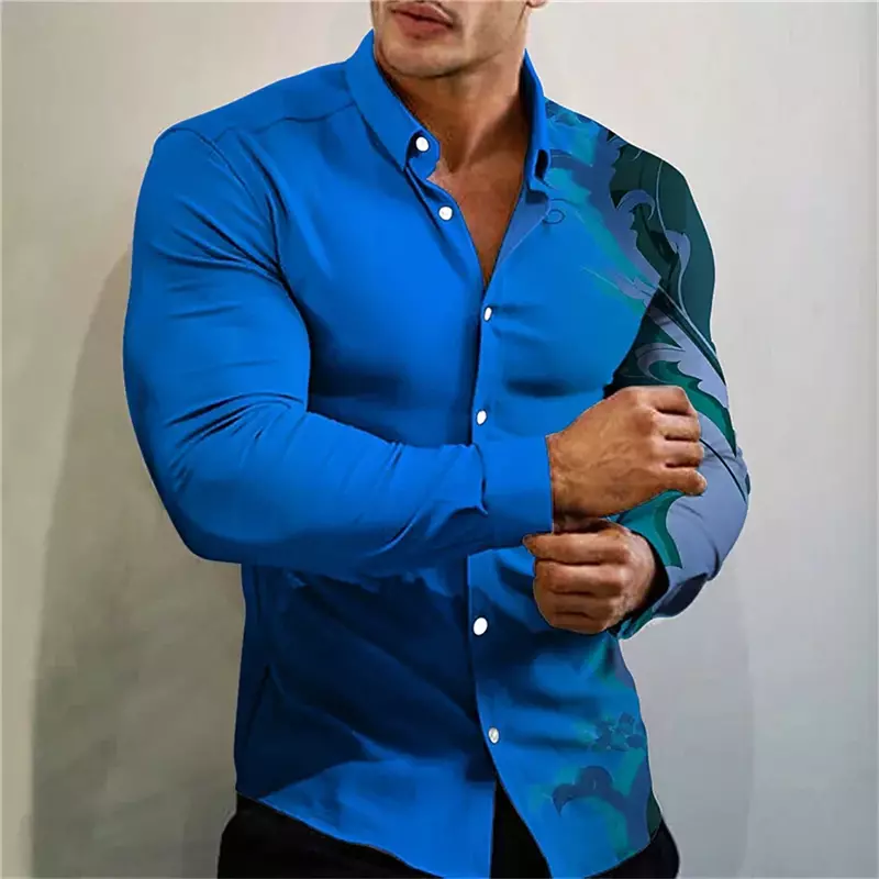 Camisa polo manga comprida masculina, vermelha, azul, estampada com flores, botão, luxo, baile de baile, moda social, designer, alta qualidade