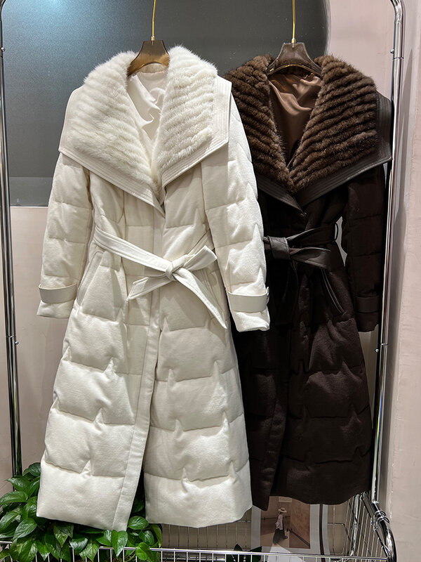 New Women Winter Warm Real Natural Mink Fur Collar White Goose Down Jackets Long Puffer Jackets Thick Coat Female Outwear