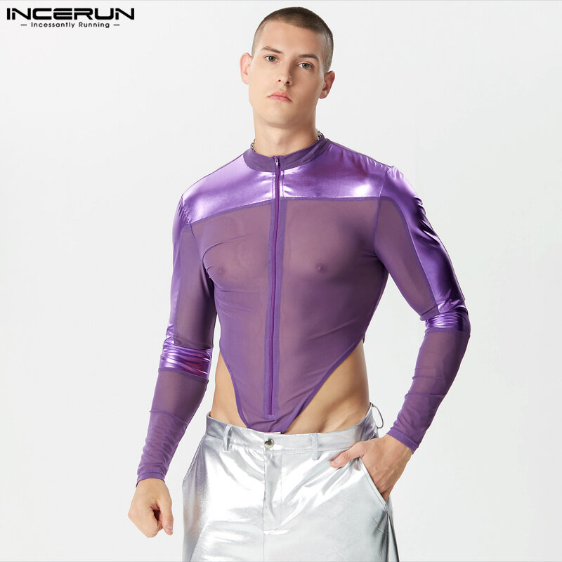 INCERUN Men Bodysuits Mesh Patchwork Shiny Transparent Zipper O-neck Long Sleeve Male Bodysuit Streetwear 2023 Fashion Rompers