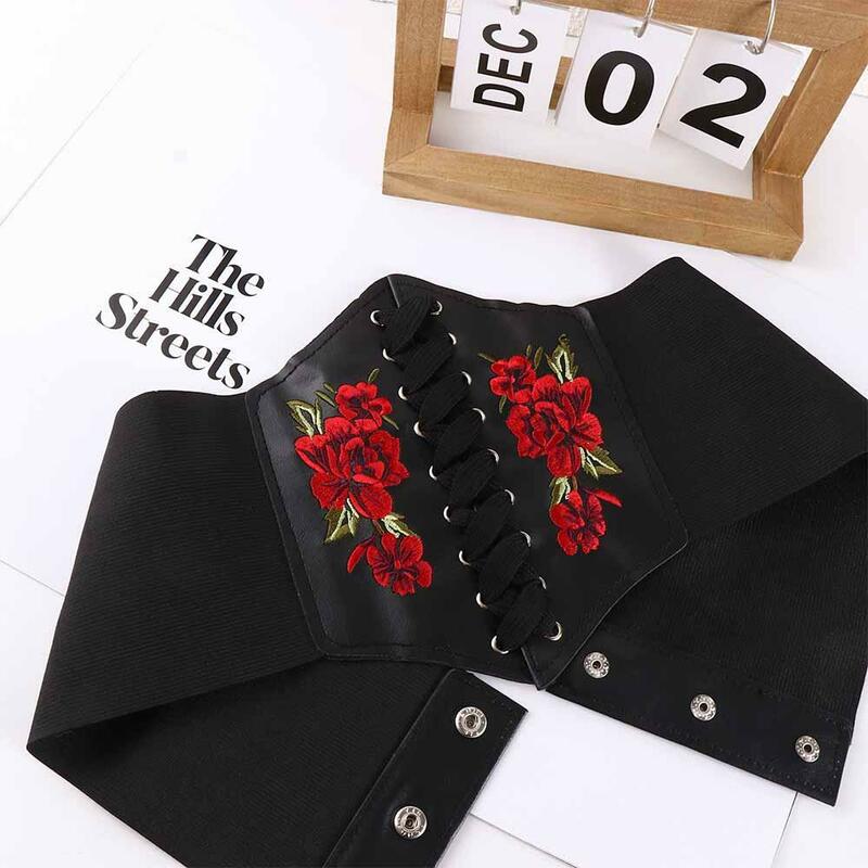 Goth Punk Slimming Embroidery PU Leather Rose Pattern Women Belt Female Dress Cummerbunds Waistband Waist Corset