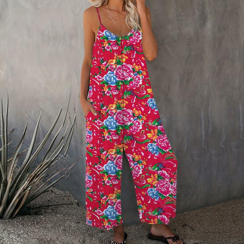 Women Summer Jumpsuit Elegant Floral Print V Neck Jumpsuit with Wide Leg Side Pockets Chinese Northeast Style Lady for Vacation