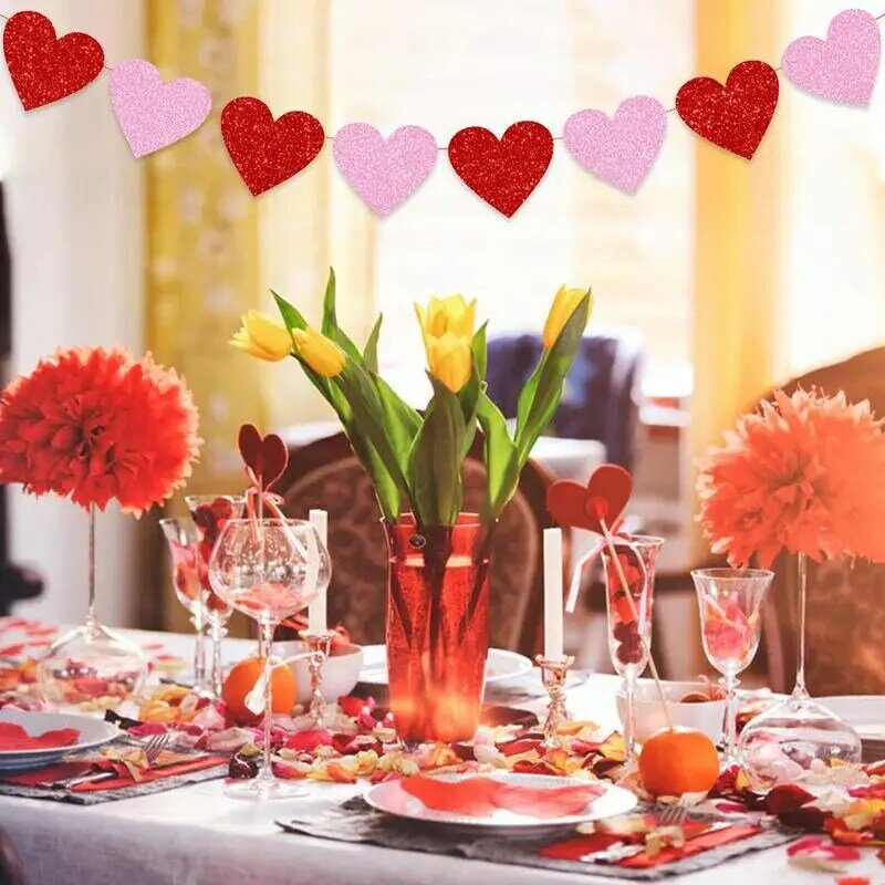 Guirnalda de corazón de San Valentín, Banner de corazón brillante, guirnalda roja y rosa, guirnalda de corazón brillante, accesorios de fotografía para celebración de fiesta
