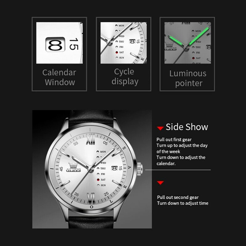 OLEVS 2931 Fashion Quartz Watch Gift Round-dial Leather Watchband Calendar