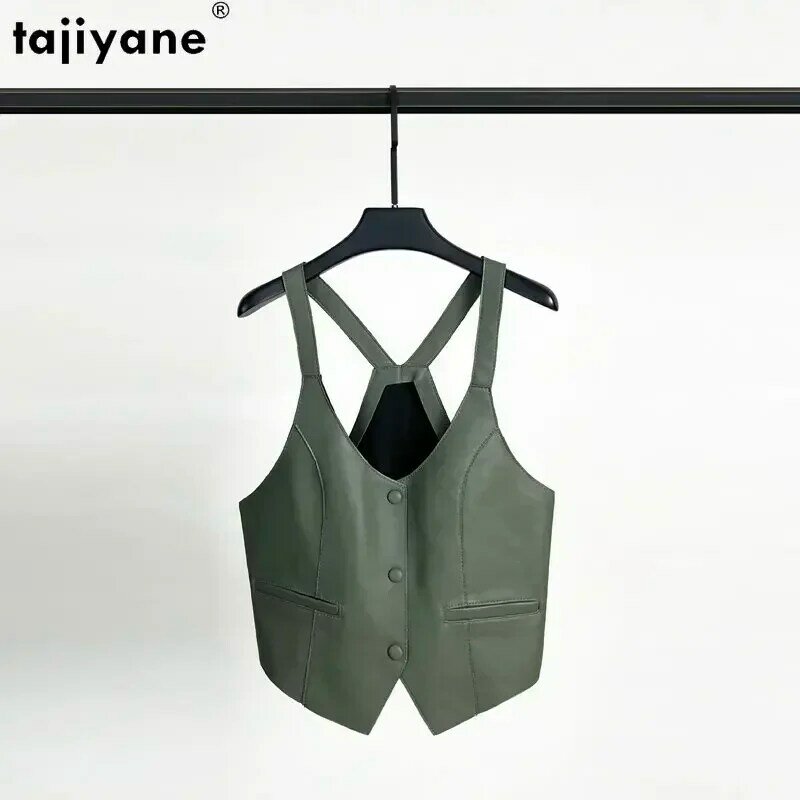 Tajiyane-女性用韓国スタイルのシープスキンタンクトップ,ノースリーブジャケット,レザースカート,2023