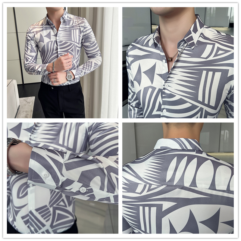 용수철 남성 빈티지 프린트 소셜 화이트 셔츠, 슬림핏 긴팔 원피스 스트라이프 셔츠, 럭셔리 캐주얼 패션
