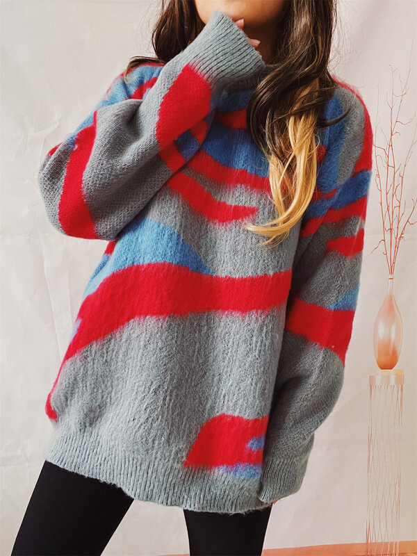 불규칙한 줄무늬 라운드 넥 긴팔 여성 니트 풀오버 스웨터, 레저 패션 레이디 스웨터, 가을 및 겨울 신상