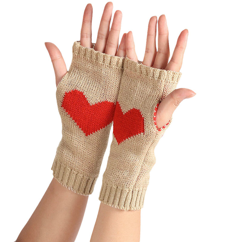 Перчатки ผู้หญิงถุงมือครึ่งนิ้วฤดูหนาว Mitten ผ้าโพกหัวสาว Love ลายหัวใจนุ่มๆครึ่งนิ้วถุงมือน่ารัก T154