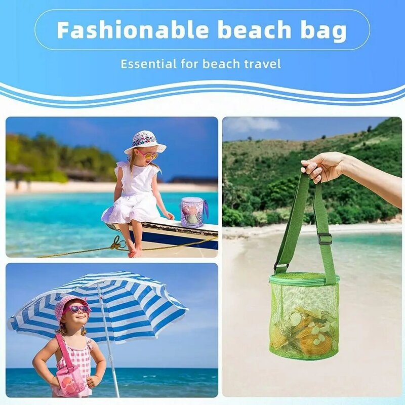 Bolsa de malla de red para playa al aire libre, bolsa de colección de conchas, cubo redondo con cremallera, correa de hombro ajustable, juguetes de arena para nadar