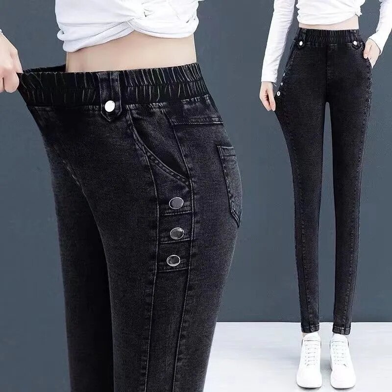 Jeans di peluche a vita alta donna 2024 primavera autunno nuovi pantaloni a matita Skinny elastici sottili donna pantaloni Casual in Denim addensato caldo