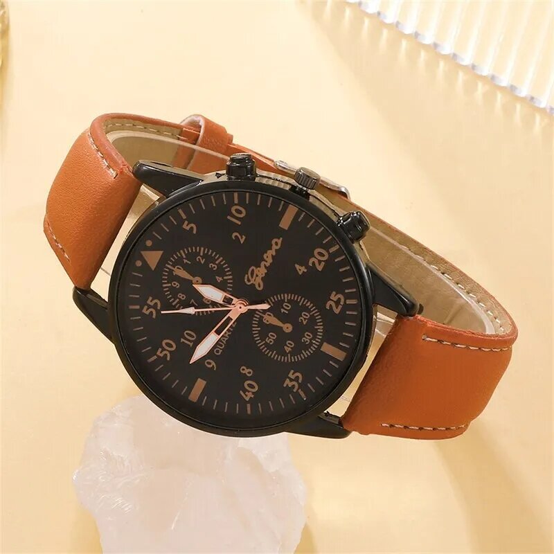 Relógio de pulso de couro marrom masculino, relógios de negócios, corda manual, luxo, esporte, casual, quartzo, moda, 4 peças