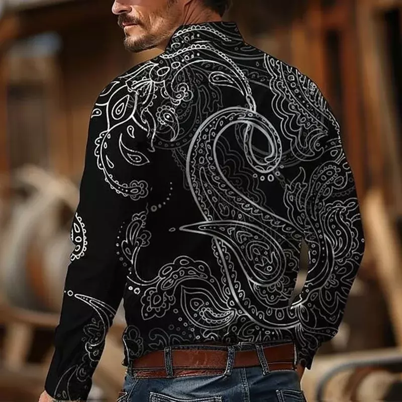 Chemise à manches longues de style cowboy occidental rétro pour hommes, chemise à revers imprimée en 3D, station balnéaire en plein air, course de chevaux, printemps, été, haute qualité