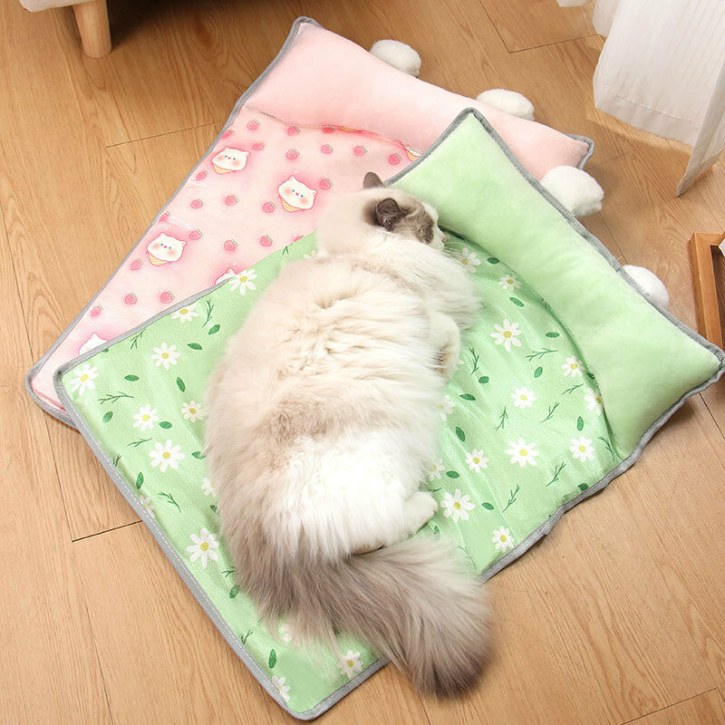 アイスシルクペットネスマット,通気性のある漫画のプリントが施された通気性のある猫のベッド,折りたたみ式ベッド,クッション,ベッド,消耗品,夏