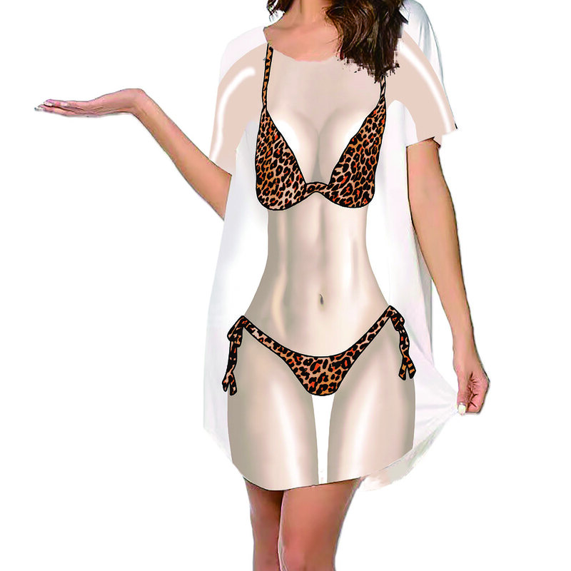 Koszula Bikini damska narzutka na plażę sukienki z krótkim rękawem śliczne Bikini drukuj luźne stroje kąpielowe codzienna koszulka sukienka
