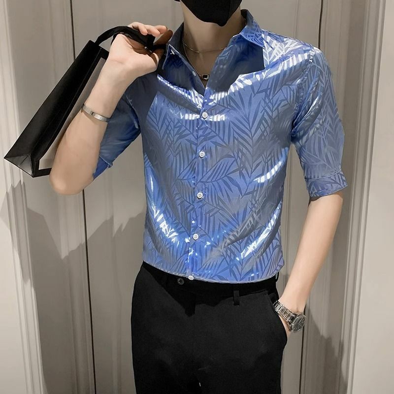 Camisa de media manga con cuello vuelto para hombre, cárdigan informal de calle alta con botones, tejido jacquard, tops con personalidad, novedad de verano