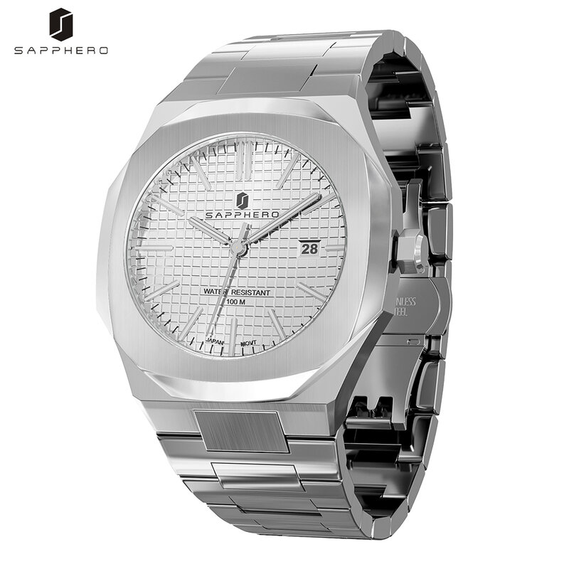 SAPPHERO Mens Watch 100M Waterproof Stainless Steel Strap Quartz Movement Luxury Sport Business Style Clock Elegant Casual Gift