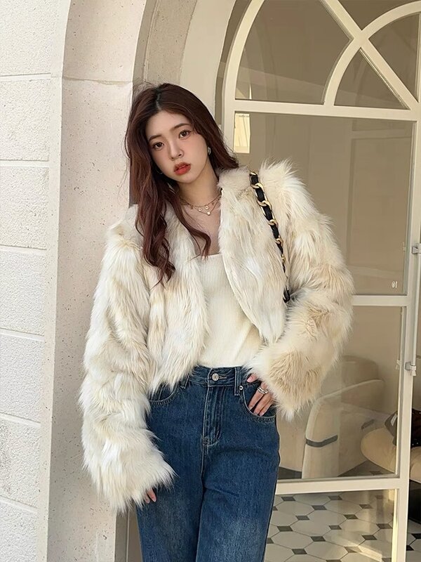 Gradual Color Short Design Long Sleeve Fashion Women Faux Fur Coats Elegant Young Lady Fuzzy Fur Outerwear Jackets Warm Cardigan