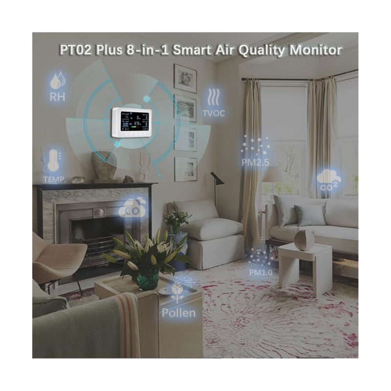 Steker UE, Monitor kualitas udara Wi-Fi mendeteksi serbuk sari/TVOC/CO/CO2/PM2.5/1.0/Temp/RH, pengontrol IoT, pencatat Data RS485
