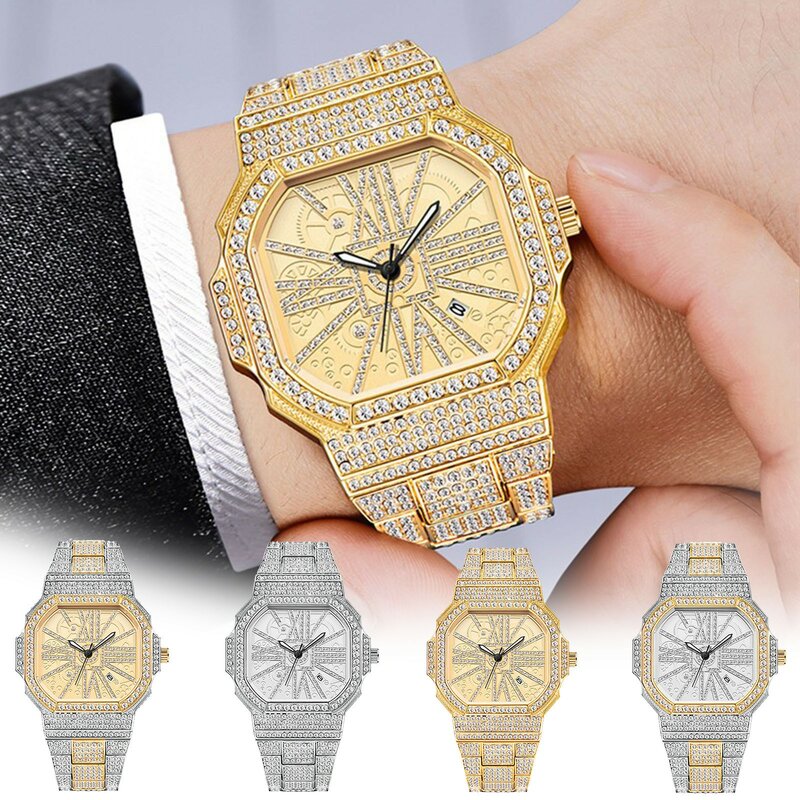 Luxo masculino Pave Zircon Quartz Watch, Relógios Clássicos de Negócios, Numerais Romanos, Presente, Moda, 2022