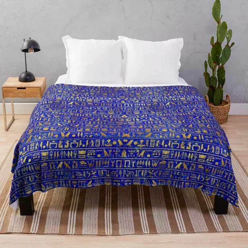 Blue Lapis and Gold Hieroglyphics Mask Throw Blanket Flannel Fabric Retros Soft Beds blankets ands Blankets