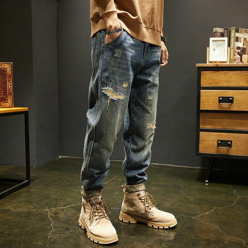 Fashion Vintage Luxury Men's Korean Style Jeans Casual Denim Pants with Patches for Spring Autumn Casual Loose Baggy Trousers