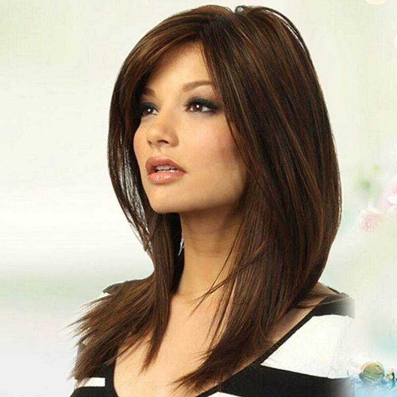 Women Bone Straight Bob Wig Dark Brown Human Hair Wigs Partial Bangs Full Wig High Temperature Fiber Glueless Wig Human Hair