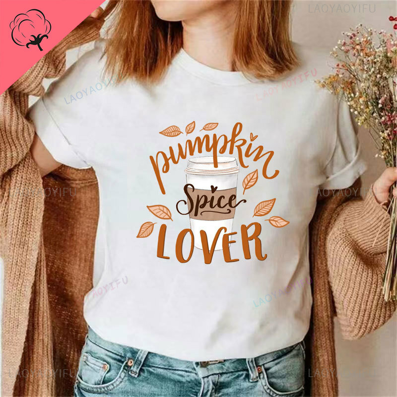 T-shirt graphique imprimé Halloween Thanksgiving pour femme, haut ras du cou à manches courtes, Aliments et épice, mode mignonne