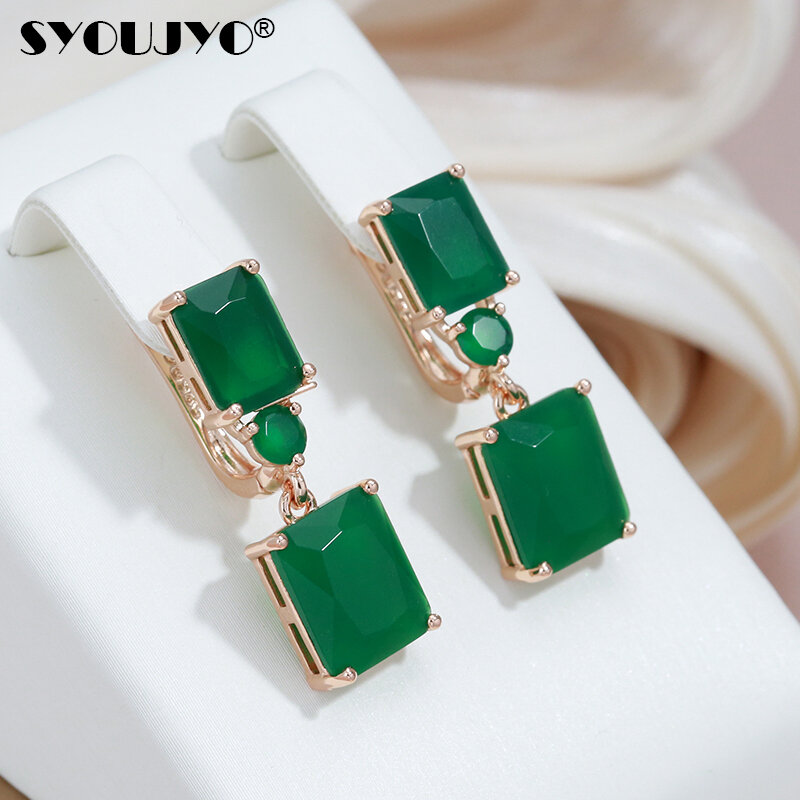 SYOUJYO – boucles d'oreilles carrées en Zircon naturel vert foncé pour femmes, bijoux fins Vintage opale ethnique tendance, couleur or Rose, 585