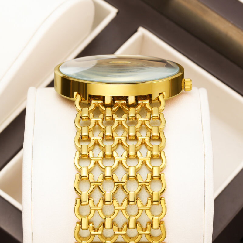 Yalusi นาฬิกาของผู้หญิงมีแบรนด์ลดกระหน่ำเคสสีทองรูปหน้าเรียบ2024แบบเรียบง่ายกล่องใหม่ชุบทอง