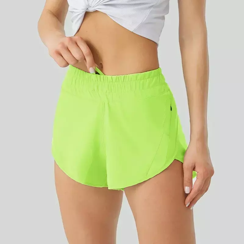 Celana pendek olahraga Yoga wanita, warna lebih terang Lemon dengan Liner 3 "ritsleting samping dompet lari Gym latihan celana pendek latihan