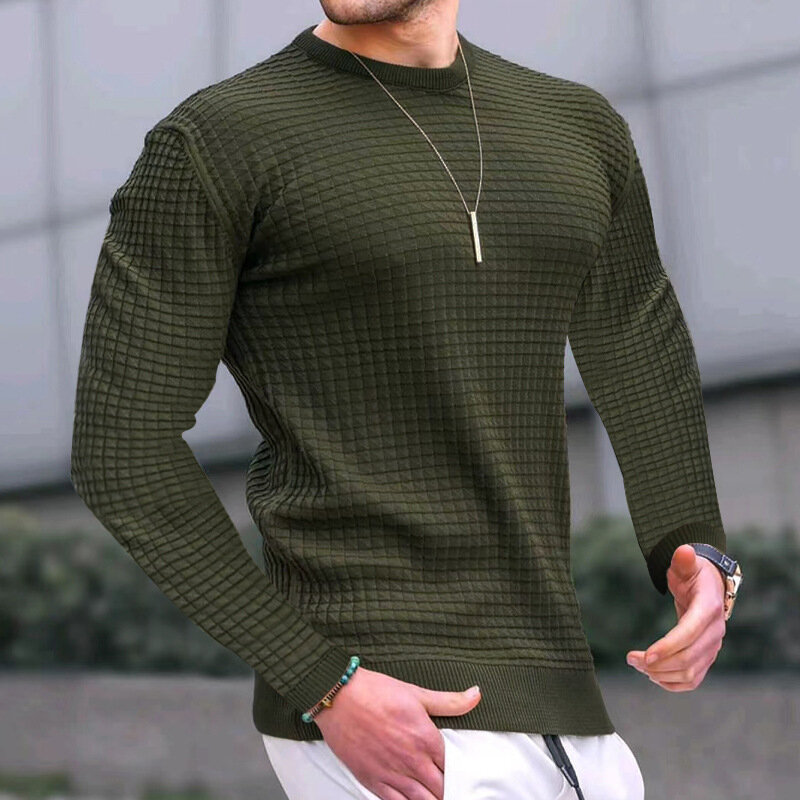 Suéter masculino casual de malha justa manga comprida, pulôver básico, tops masculinos de gola redonda, camiseta de algodão, outono, inverno, nova moda