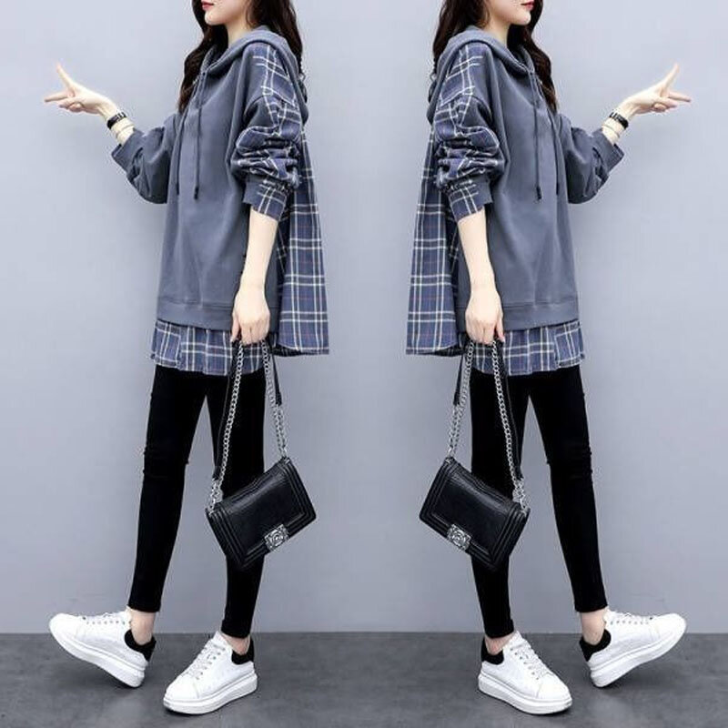 Kaus Sambungan Kotak-kotak Tebal Streetwear Longgar Dua Buah Pulover Palsu Bertudung Lengan Panjang Menengah Pakaian Wanita Liar