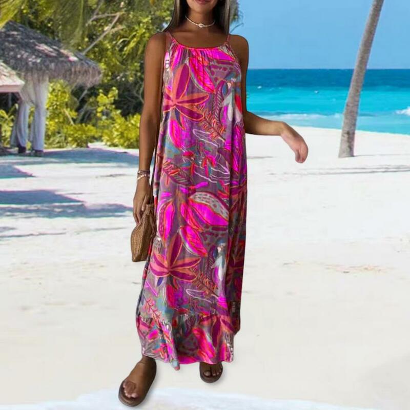 Loose Summer Women Dress Sleeveless Backless O Neck Dress Leaf Printing Bohemian Style Ankle Length Vacation Beach Maxi Dress