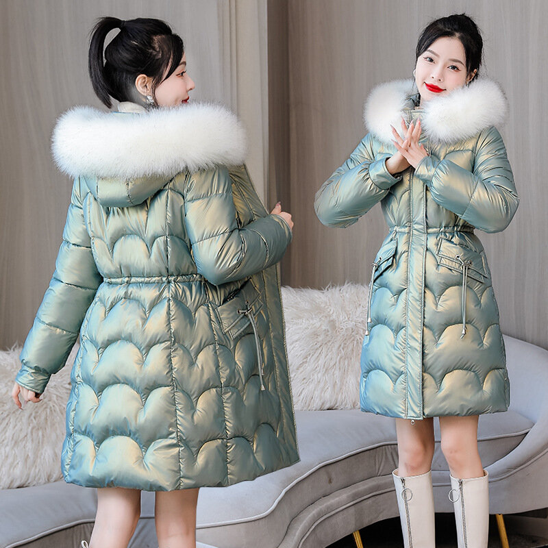 Jaket Parka wanita bertudung, mantel bulu kerah bertudung untuk musim dingin 2023, jaket Parka penghangat katun tebal