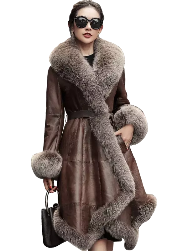 Casaco de lã genuíno feminino, casacos de inverno com gola de pele de raposa, jaqueta feminina vintage fina, roupas femininas quentes e macias, 2024