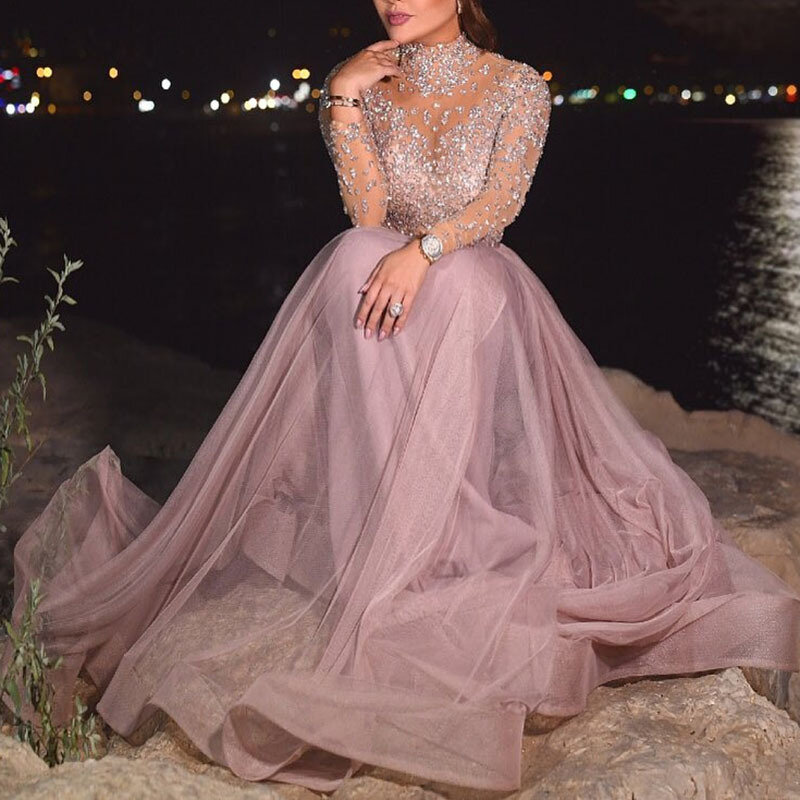 Nowa elegancka moda damska różowa z długim rękawem cekiny seksowna ekskluzywna sukienka wesele druhna gości długa sukienka Celebrity host