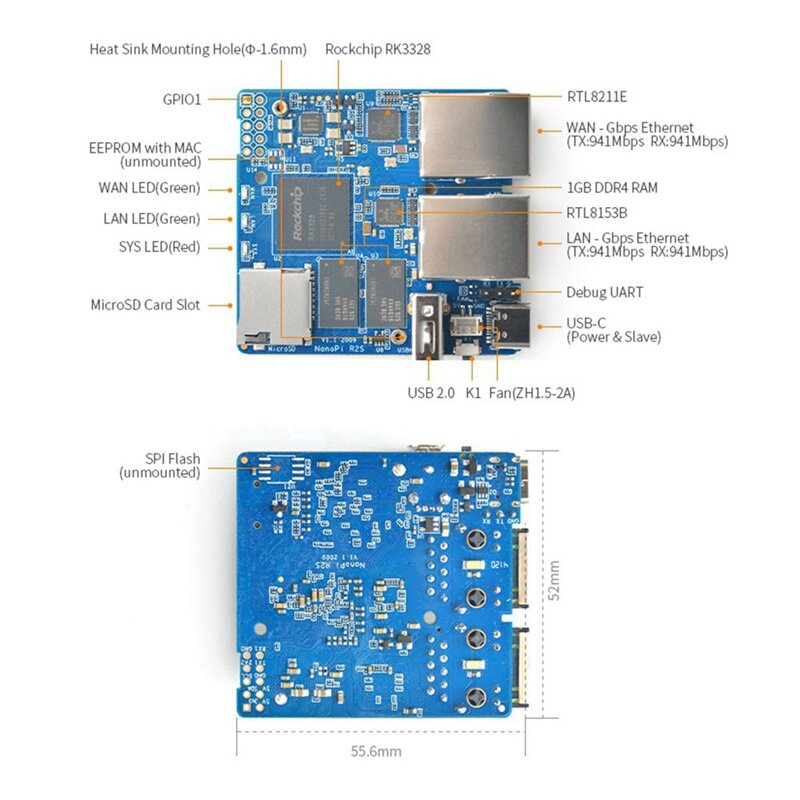 Nanopi R2S โลหะเปลือก Openwrt Systeem RK3328 Mini Router Dual Gigabit Poort 1Gb Grote Geheugen