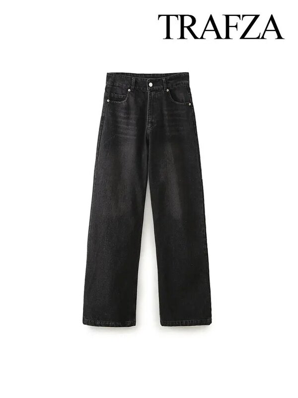 TRAFZA celana panjang lurus Vintage wanita, Jeans kasual tali logam saku Denim Musim Semi 2024 kaki lebar pinggang tinggi