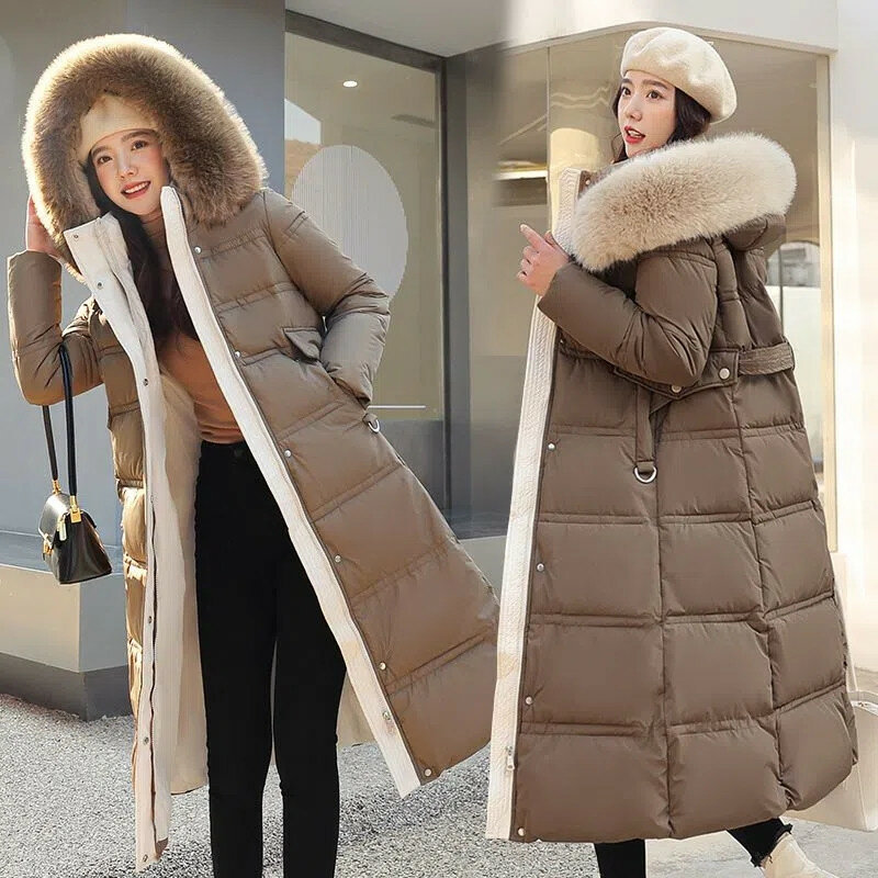 女性用の取り外し可能なキャップ,冬用の暖かいロングニーコート,対照的な色の綿パッド入りジャケット