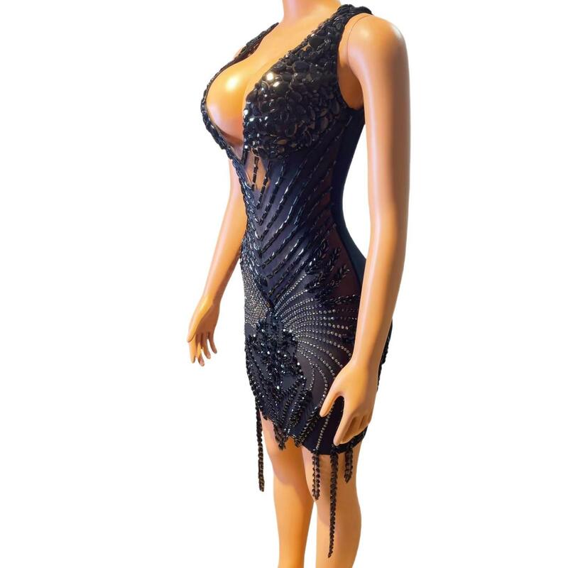 섹시한 시스루 민소매 여성 드레스, 생일 파티 홈커밍 가운, 블랙 걸스 크리스탈 짧은 무도회 드레스, 2024 Wutiao