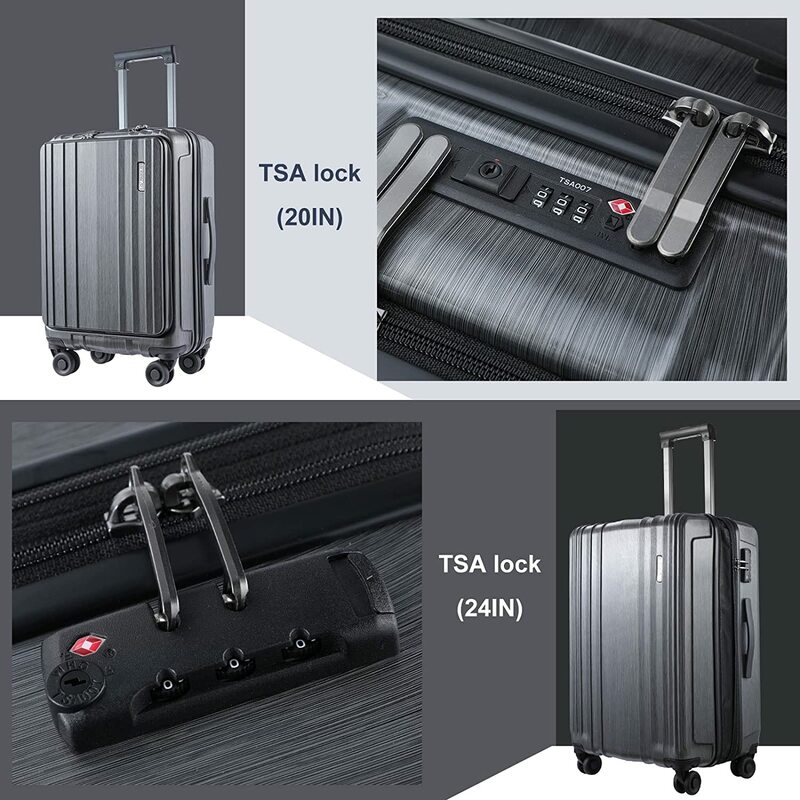 Juego de equipaje con bolsillo frontal para portátil, maleta rígida ligera con ruedas giratorias, bloqueo TSA gris, ABS y PC expandible, 21/28, 2 piezas