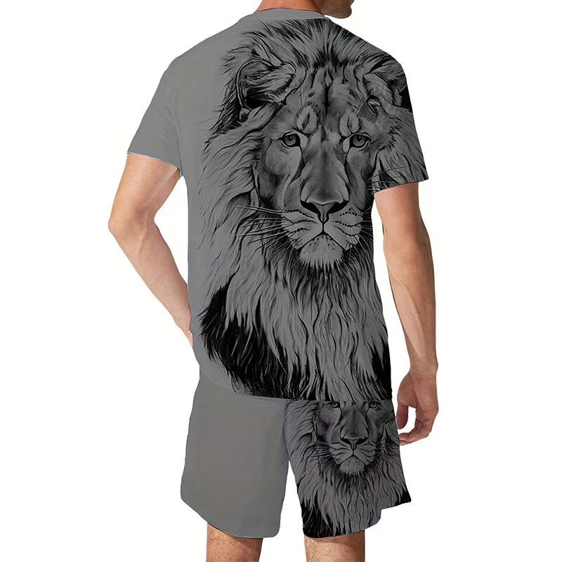 Plus Size 3D Lion Print Men's Cool T-shirt Shorts Set For Sports fitness Summer Street Style Oversized Graphic 2Pcs Men Clothing