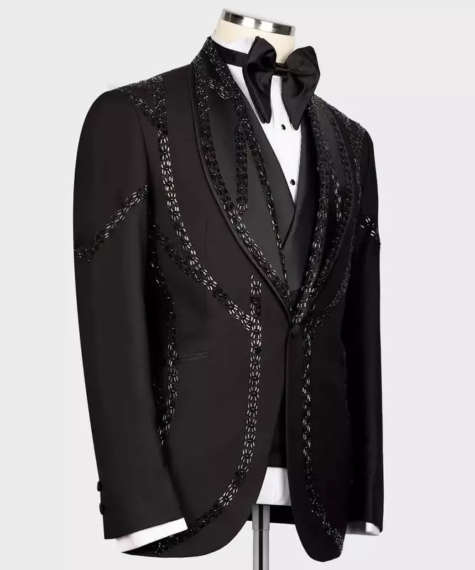 Conjunto de terno de cristais pretos masculino, blazer e calças, smoking de casamento do noivo, jaqueta formal personalizada, casaco de luxo, baile de formatura, 2 peças