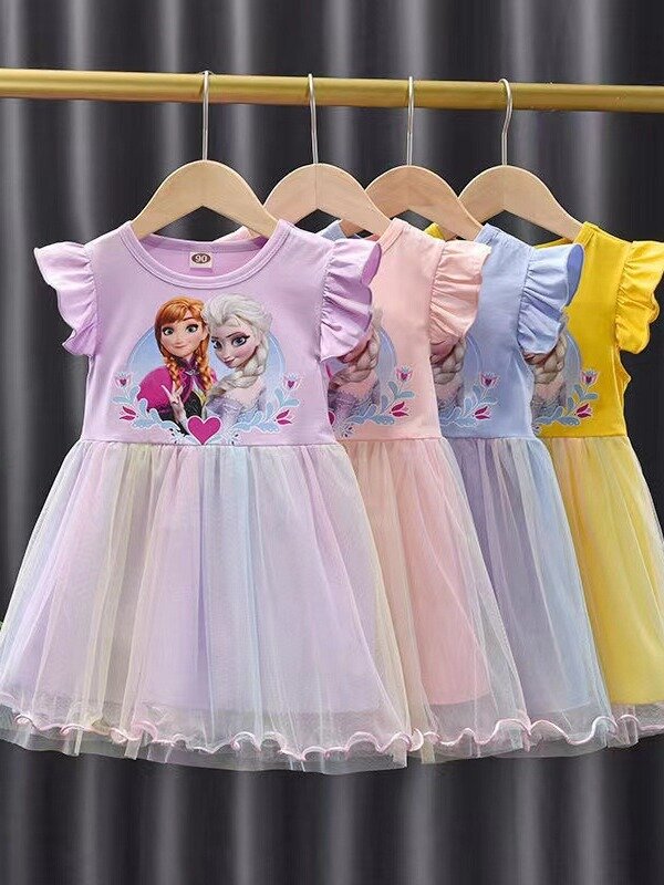 Gaun Frozen lengan pendek bayi perempuan, pakaian kasual anak-anak, gaun Elsa Anna, lengan pendek, jaring pelangi, Musim Panas 2024
