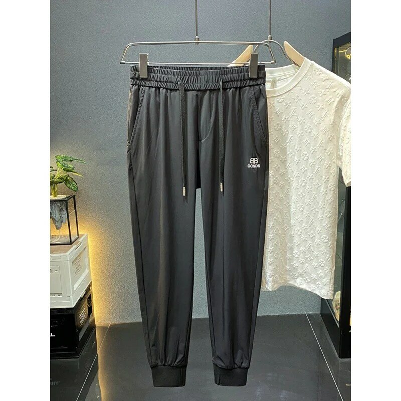 2024 Summer New Thin Ice Silk Quick-Drying Pants Men's Light Luxury Ankle Banded Slacks Slim-Fitting Long Pants