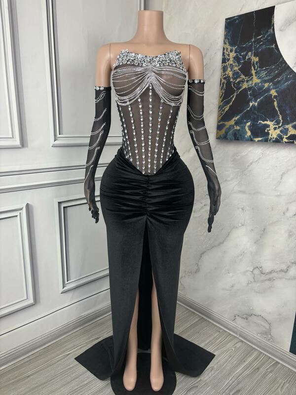 Veri abiti da ballo lunghi 2024 Luxury Sexy Sheer Mesh Silver Diamond Black Girls Mermaid Prom Party abiti da Gala con guanti Heitiane