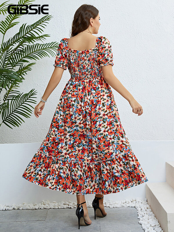 GIBSIE Floral Print Square Neck Puff Sleeve Dress Women Plus Size Vacation Boho Beach Ruffle Hem A-line Summer Long Dresses 2024