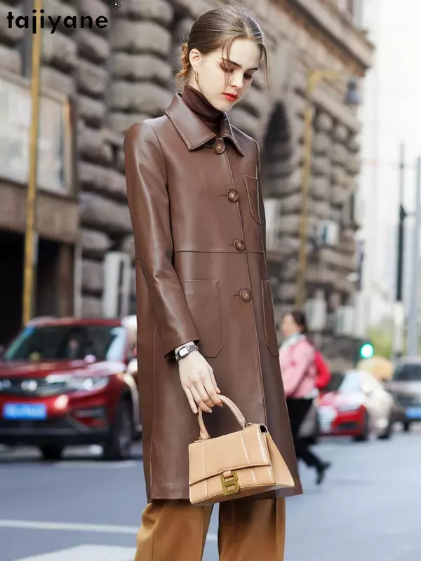 Tajiyane-女性用のミッドレングスレザージャケット,高級レザーコート,100% 本のシープスキン,高品質,秋と冬,2023