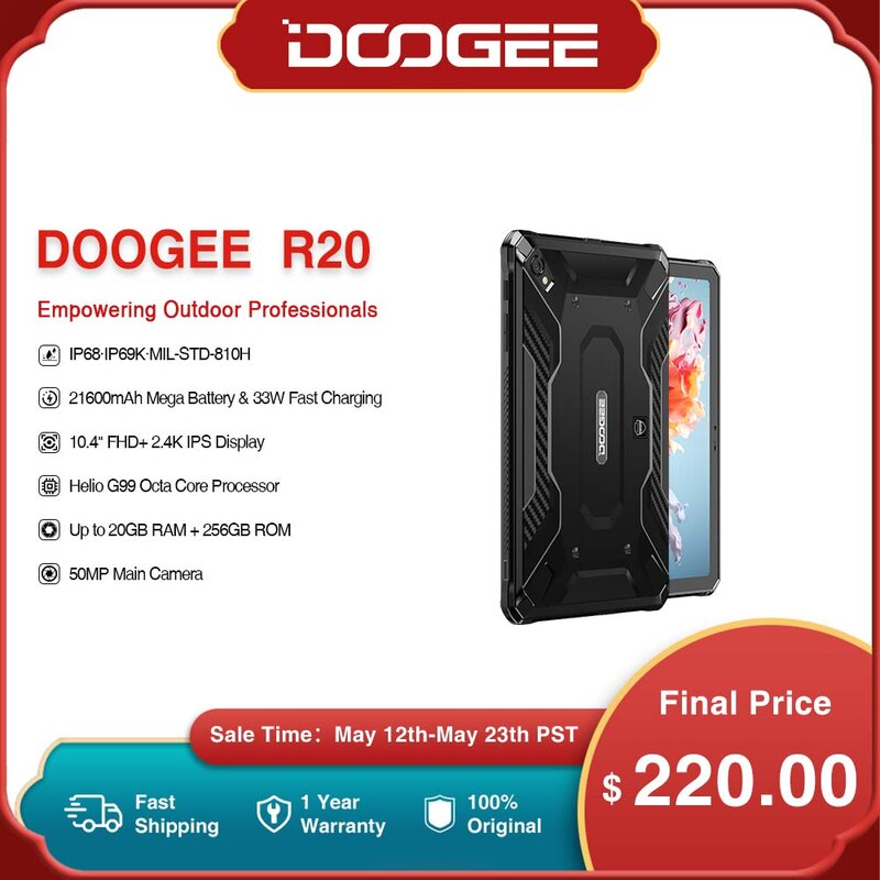 DOOGEE R20 견고한 태블릿, 10.4 인치 2.4K 디스플레이, 헬리오 G99 옥타 코어, 6nm, 20GB(8 + 12), 256GB, 21600mAh, 33W 고속 충전, 안드로이드 13