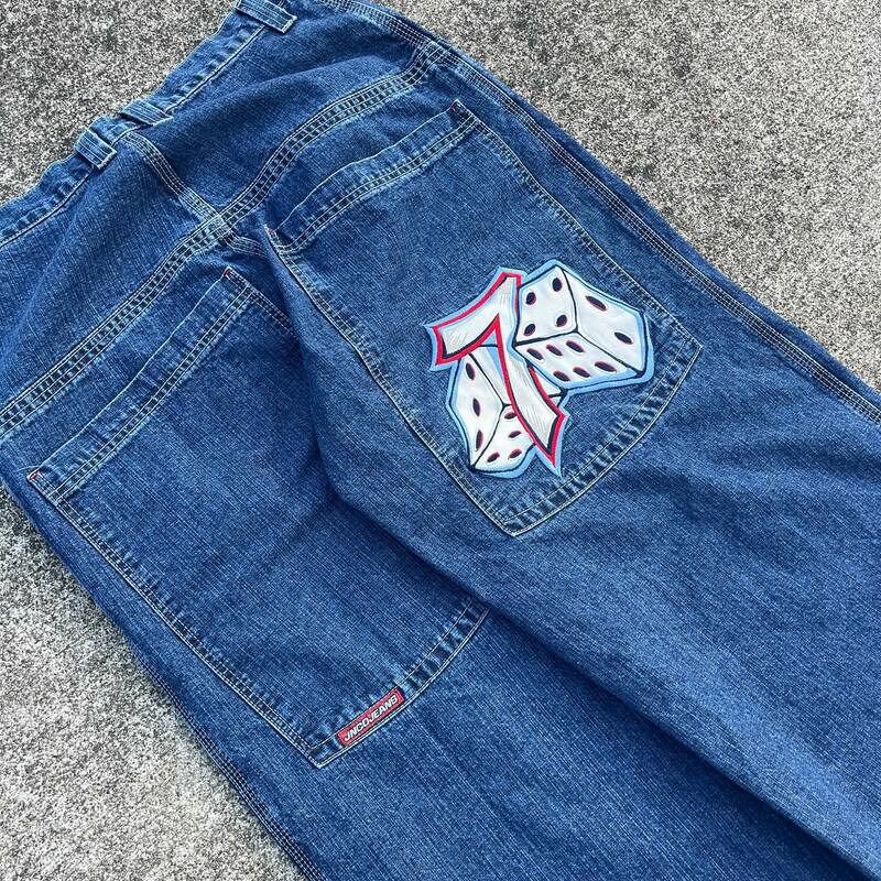 Spodnie dżinsowe z haftem JNCO 7 szerokie z szeroką nogawką luźne Y2k Streetwear w stylu Vintage wydruk graficzny workowate dżinsy spodnie z wysokim stanem dla mężczyzn
