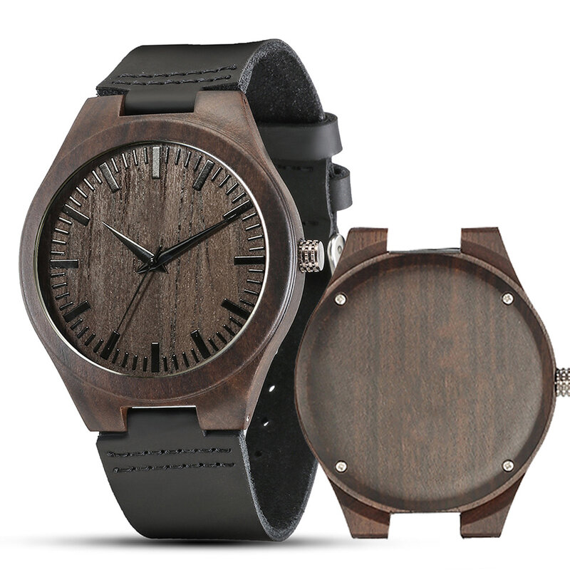 Mens Vintage Analog Quartz Wooden Wrist Watches Handmade Casual Men Watch with Cowhide Leather Strap